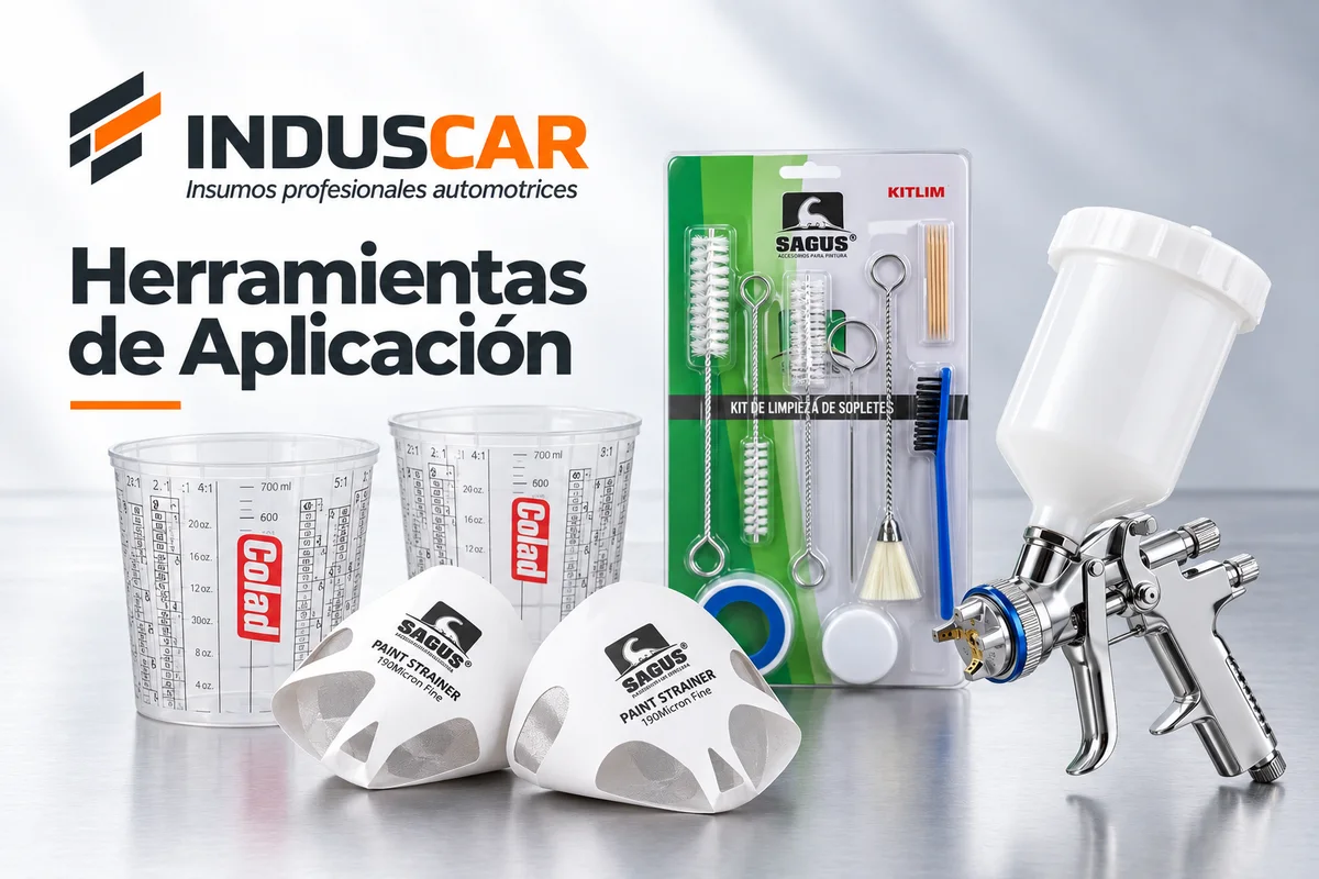 Herramientas de Aplicación: vasos Colad, filtros Sagus, kit de limpieza y pistola de pintura